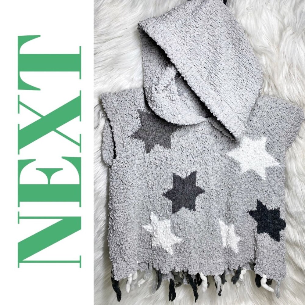 NEXT KNIT SLEEVELESS HOODED STAR SWEATER FRINGE‎ GRAY WHITE BOHO, GIRL 5-6 YO